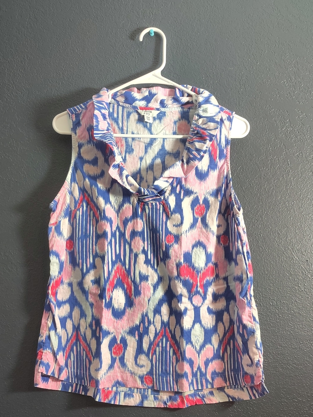 crown & ivy LINEN Mix Blue, Pink & White Ikat Sleeveless Ruffle-Neck Top